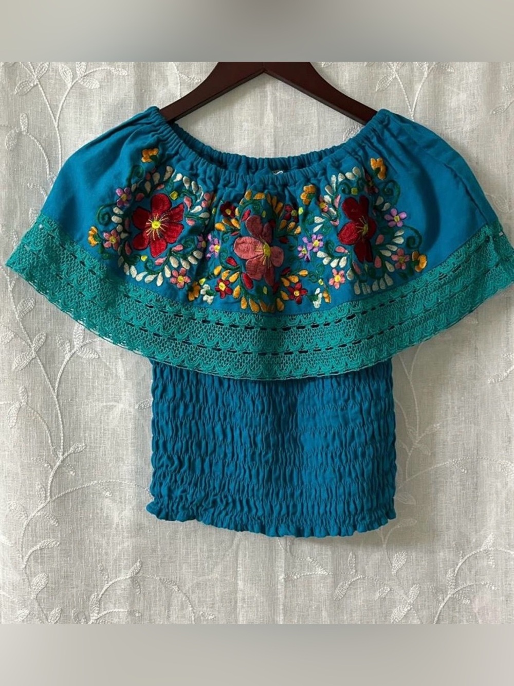 Turquoise Embroidered Off-Shoulder Top Size Small